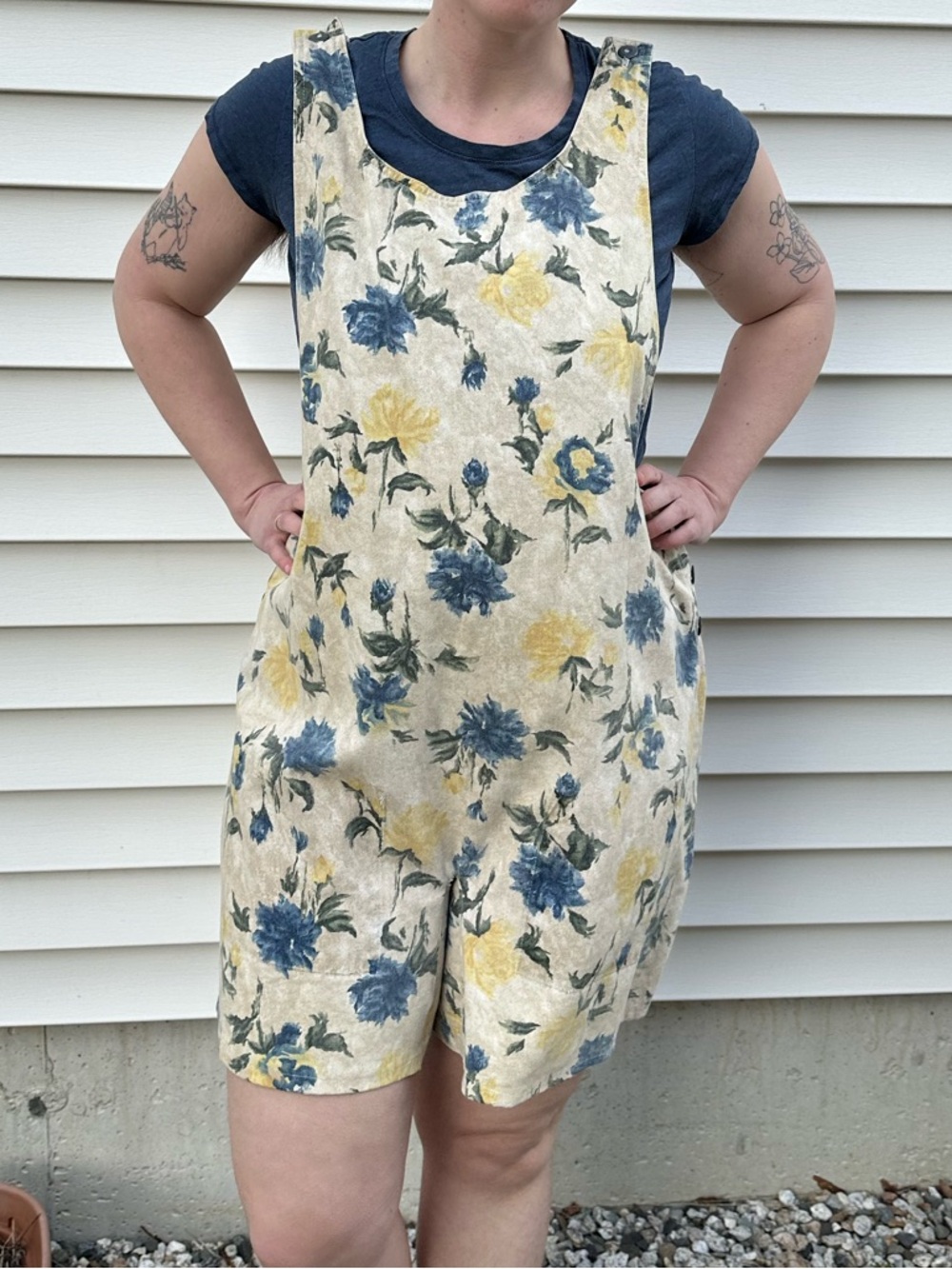 Vintage 90s Custom L.A. Blues Short Overalls with Blue and Yellow Floral Print